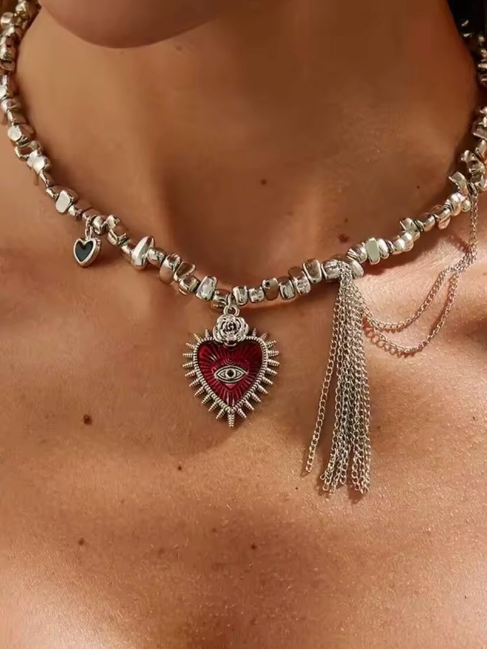 Trendy Silver Necklace with Red Heart Pendant - Picture 4 of 7